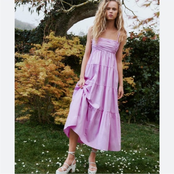Zara Pink Poplin Tiered Maxi Dress - Picture 1 of 6